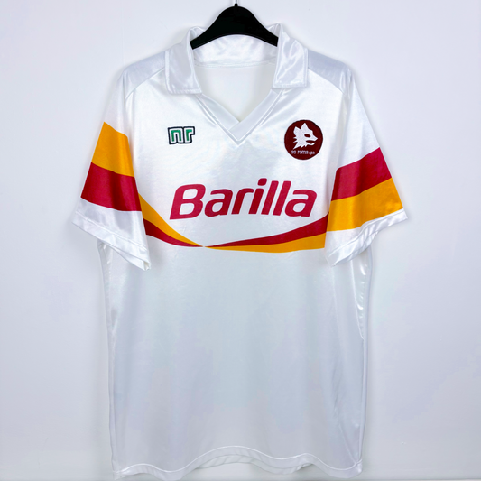 Roma classic soccer jersey produced by Ennerre. White body with orange and maroon swoosh across chest and sleeves. Barilla sponsor.