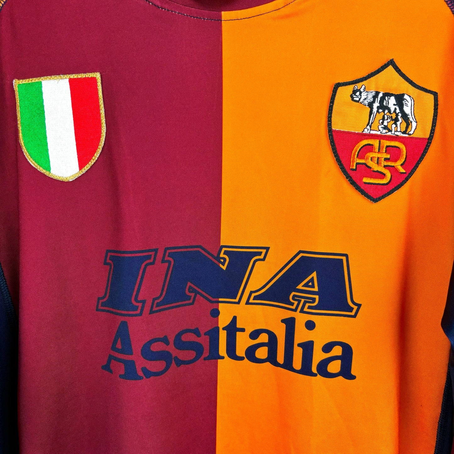 Roma 2001-2002 Kappa vintage football shirt in orange and maroon with navy trim. Close up of INA Assitalia sponsor and embroidered Scudetto and club badge.