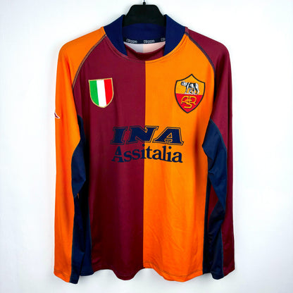 Roma 2001-2002 Kappa vintage football shirt in orange and maroon with navy trim. INA Assitalia sponsor.