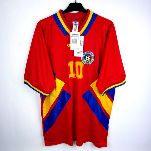 Romania 1994-1995 adidas away vintage football shirt. Red body with blue and yellow trim. Brand new with tags attached. 