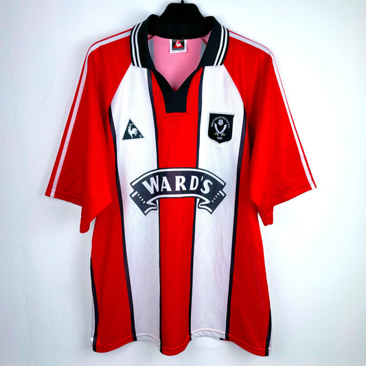 Sheffield United 1997-1999 Le Coq Sportif home vintage football shirt. Red and white stripes with black trim. Ward's sponsor.